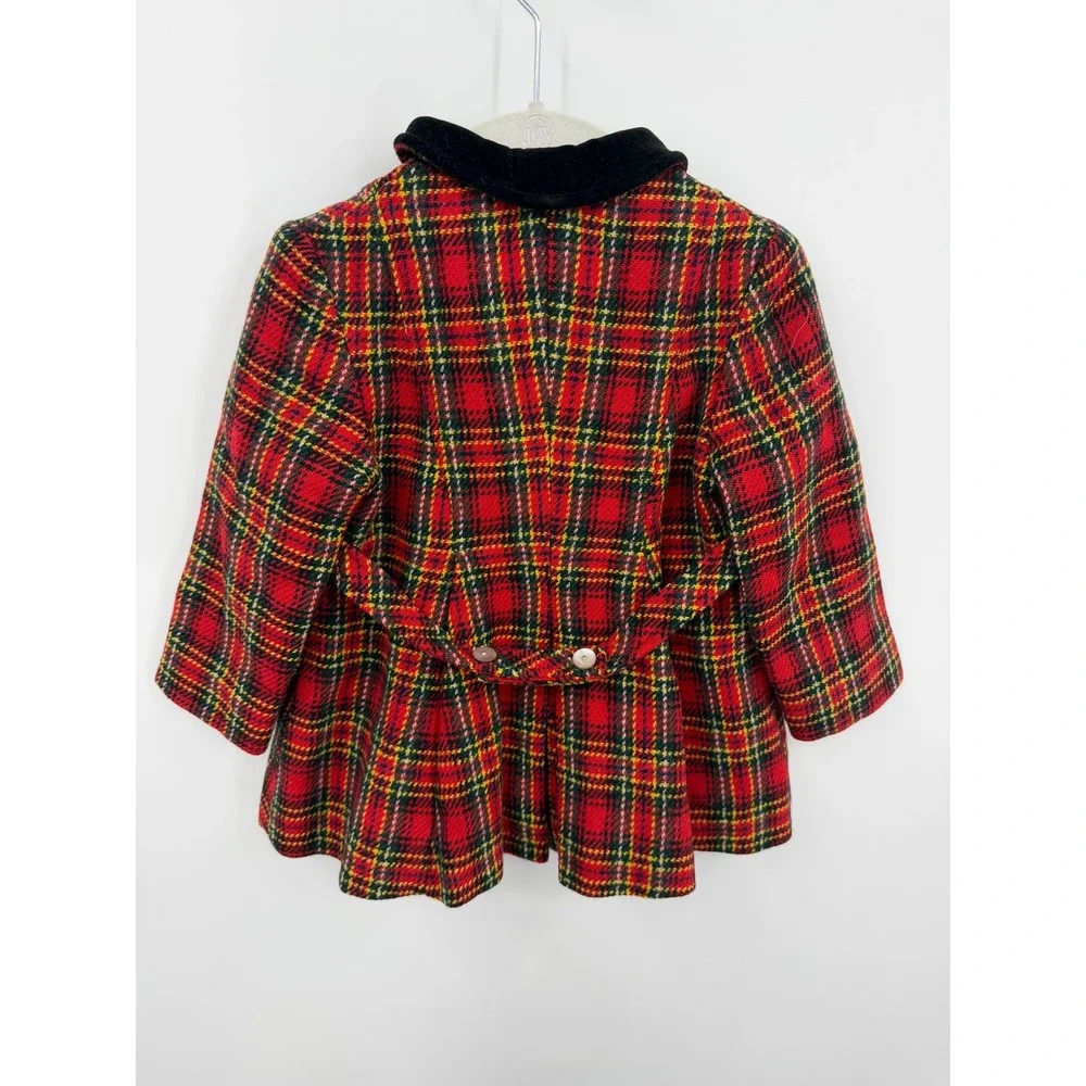 Vtg Plaid Coat girls 12 months 2T Red Tartan Velvet Trim Double Breasted Jacket